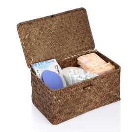 Sumnacon Wicker Basket with Lid Rectangle Woven Baskets for Toiletries Tampon Storage,Wicker Storage Basket with Lid,Decorative Seagrass Storage Baskets for Shelf Bathroom Toilet Table, Coffee