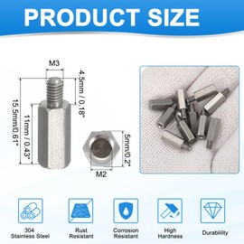 PATIKIL Standoff Screws, 10pcs M3x4.5mm Male to M2x11mm Female 304 Stainless Steel Thread Reducing Hex Standoff Spacer Screw Nuts Thread Adapters Reducer Extender Conversion Fasteners