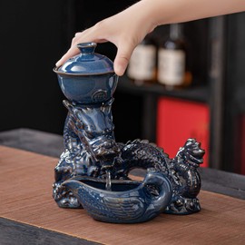 Ceramic Teapot with Infuser Semi Automatic Tea Set Magic Teapot with 8 cups Gradient Color (Blue Dragon- C)