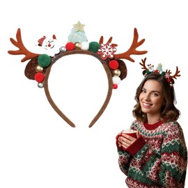 Tisbonsy Glitter Red Reindeer Antlers Headband with Pom Poms, Christmas Hair Accessory for Women Girls Teens, Xmas Party Costume with Santa & Tree