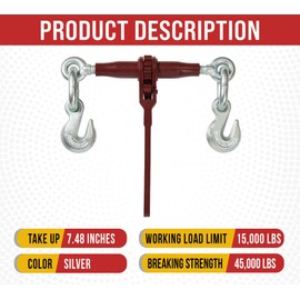 Mytee Products PRO Heavy Duty Chain Binder Ratchet Style 3/8" - 1/2" w/Grab Hooks, 15,000 lbs WLL