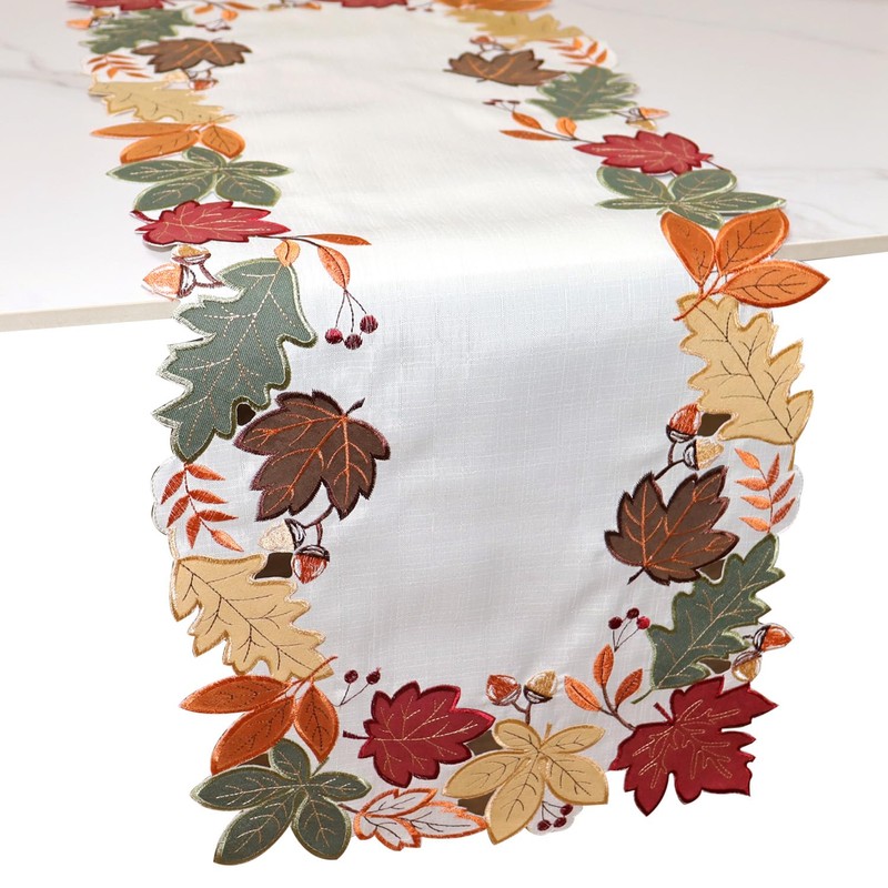 Fall Table Runner Thanksgiving Table Decor Embroidered Autumn Leaf 54