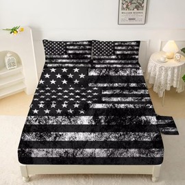 kxry Black and White USA American Flag Fitted Sheet Sets Twin Size for Boys Kids Teens Dirty US Stars Stripes Flags Bedding Set 1 Fitted Sheet + 1 Flat Sheet + 1 Pillow Case