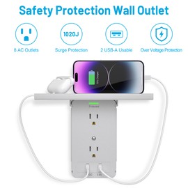 Socket Wall Shelf-CFMASTER 10 Port Surge Protector Wall Outlet, 8 Electrical Outlet Extenders and 2 USB Ports 2.4A, with Removable Built-In Shelf, FCC Listed (1, Gray)…