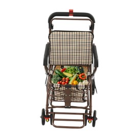 CNCEST Foldable Shopping Cart with Seat | Portable Mobility Cart for Elderly & Limited Mobility | Supportive Walk, Shop & Travel Carts | Storage Basket & Comfort Handle | Checkered Pattern