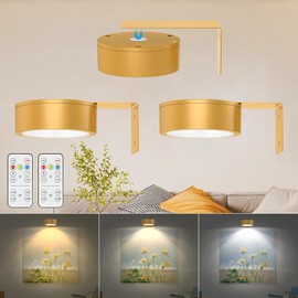 JSXing Lampara para Cuadros con Mando, Lampara para Pintar con Pilas, Lampara de Arte Inalámbrica con 3 Colores, Lampara de Retrato para Marcos de Arte, Lampara de Pared Decorativa (Dorado)