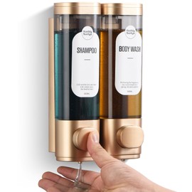 Shampoo and Conditioner Dispenser，Refillabe Shower Soap Dispensers 2 Chamber No Drill Shampoo Dispenser for Shower Wall Mounted 2 * 300ml Container for Bathroom Hotel (Gold 2 Chamber)