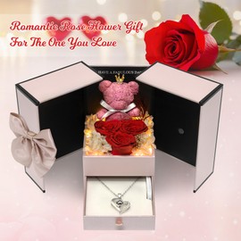 Childom Preserved Valentines Rose Gifts For Women,Birthday Gifts for Women,3 Pcs Red Preserved Flowers Gifts for Her,Real Rose Flower Gifts with Necklace and Light for Wife,Mom,Anniversary,Birthday