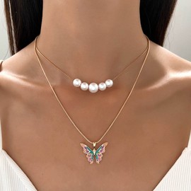 Aneneiceera Boho Colour Butterfly Pearl Necklace Choker Gold Fashion Colourful Butterfly Pendant Necklace Pearl Strand Pendant Choker Statement Necklace Jewellery for Women and Girls (Style A), Metal