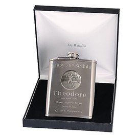 70th Birthday Engraved Hip Flask Golfer Feature in Gift Box