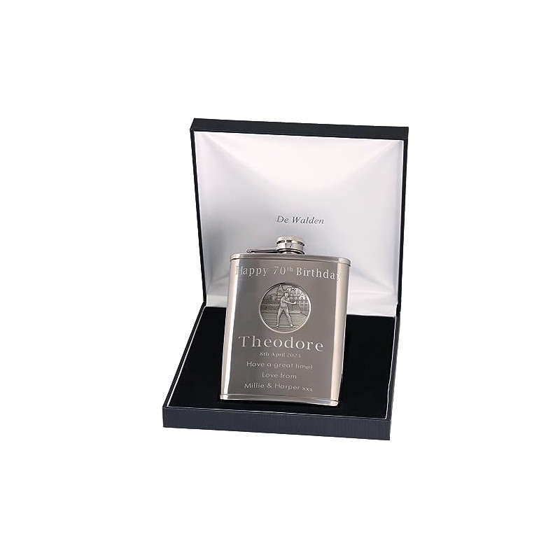 70th Birthday Engraved Hip Flask Golfer Feature in Gift Box