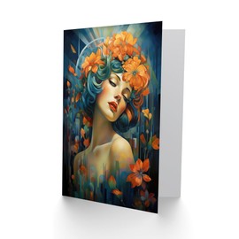 Artery8 Woman Portrait With Flowers Modern Art Deco for Wife Her Mum Sister Daughter Mom Gran Nan Birthday Thank You Congratulations Blank Art Greeting Card
