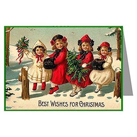 Twelve 3.5x5 Vintage Holiday Note Cards In A Boxed Set Of Four Young Girls Wishing You The Best Christmaswith Holly Trees Snow On A Fence
