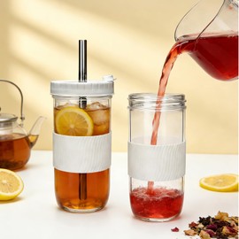 Mapoxy 6 Pack 24oz Mason Jar Cups with Lids and Straws, White Boba Cups Set