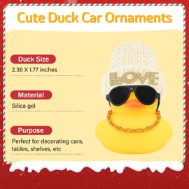wonuu Car Dashboard Rubber Ducks Christmas Decorations, Christmas Eve Rubber Ducky for Car Ornament Cute Duck with Love Knit Hat, Glasses, Necklace, White