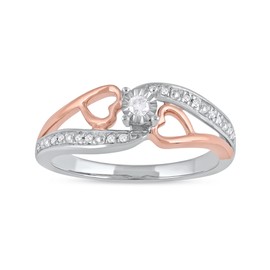 DZON Sterling Silver and 10K Rose Gold 1/10Ct TDW Diamond Bypass Twin Heart Promise Ring H-I Color, I2-I3 Clarity