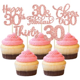 Paquete de 30 adornos para cupcakes de 30 cumpleaños, color oro rosa, purpurina de treinta saludos a 30 cumpleaños, palillos para magdalenas de 30 cumpleaños, suministros de decoración de pasteles