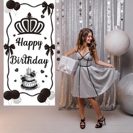 Black Bow Birthday Decorations Coquette Birthday Door Banner Cover Bow Themed Black and White Happy Birth-Day Door Decor Party Supplies for Women