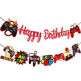 umoni Red Game Birthday Decorations 2Pcs Video Game Birthday Banner Game on Birthday Party Decorations Gaming Cutout Banner for Level up Birthday Baby Shower Supplies