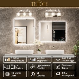 TETOTE 24 x 32 Backlit Beveled LED Frameless Bathroom Mirror Tempered Glass 3 Colors White/Warm/Natural Stepless Dimmable IP54 CRI90+ UL-Listed Anti-Fog Bathroom Mirror for Vanity Wall-Mounted