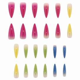 MERVF Long Stiletto Press on Nails Colorful Ombre French Tip Glue ons Dopamine Design Almond Acrylic Fake Summer False Nails for Women Glossy 24pcs