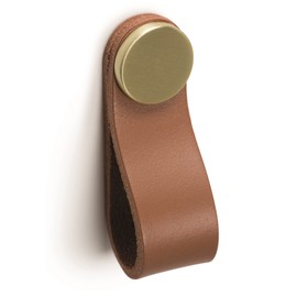 Gedotec Furniture Knob Made of Full Metal and Leather | 1 Piece Door Knob for Cupboards - Brass - Beige Including Fixings | FLEXA 0404 | LA: 128 mm | Knobs for Kitchen Cupboards Cupboard Knobs Furniture