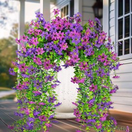 4 PCS Artificial Hanging Flowers for Outdoors, Fake Hanging Plants UV Resistant Faux Silk Daisy with Eucalyptus Leaves for Outside Home Indoor Planter Porch Patio Balcony Yard Decor (Double Purple)