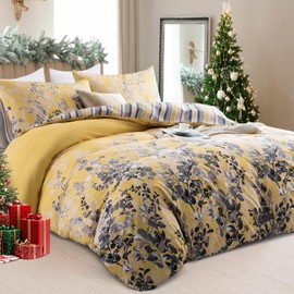 Imperial Rooms King Size Duvet Cover Set (230 x 220 Cm) 3 Piece Hypoallergenic Printed Bedding Set Kingsize Quilt Cover Reversible Christmas Bedding Sets with Pillow Case (Ochre Blossom)