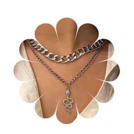 Cimenexe Punk Layered Snake Choker Necklace Silver Viper Snake Pendant Necklace Vintage Snake Viper Necklace Chunky Cuban Link Chain Necklace Jewelry for Women and Girls Gifts