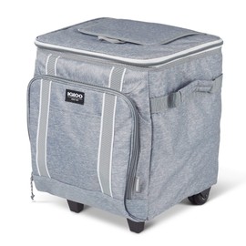 Igloo 40 Can Large Portable Lunchbox Soft Sided Insulated Cooler Box with Wheels and Height Adjustable Pull Bar for Hiking, Camping, Fishing, and Picnics, Light Gray