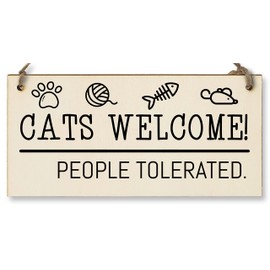 The Plum Penguin Handmade Wooden Hanging Wall Plaque Cats Welcome People Tolerated Funny Cute Sign Pet Lover Cat Mum Dad