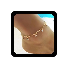 Inilbran Boho Rhinestone pendant Anklet Bracelet Crystal Bead Drop Ankle Bracelet Vintage Rhinestone Fringe Chain Anklet Gold CZ Tassel Anklet Foot Chain Jewelry for Women and Girls