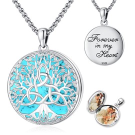 Photo Locket Necklace for Women Men - 925 Sterling Silver Pendant Celtic Knot Tree of Life Locket that Hold 2 Pictures Round Turquoise Memorial Jewelry - Gifts for Daily Wear, Birthday, Anniversary