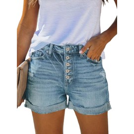 NEYOUQE Women's Jeans Shorts Button Waistband Summer Short Jeans Dungarees Plain, A-sky blue, M