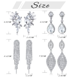 Kakonia 4 Pairs Clip On Earrings For Women Girls Elegant Statement Silver Crystal Rhinestone Dangle Earrings Wedding Prom For Bride Bridesmaid Not Pierced Clip Earrings Set, Crystal