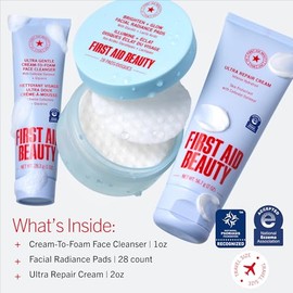 First Aid Beauty Juego de rutina para el cuidado de la piel sensible, limpiador ultra suave + almohadillas de brillo facial + crema ultra reparadora, 