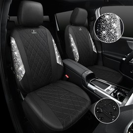 CAR PASS Oxford Bling Diamond Car Seat Covers 2 Front Interior Sets, Waterproof Shining Glitter Sparkly Crystal Universal Armrest Fit 95% Automotive Truck SUV Cute Women Girl, Black Silver Rhinestone