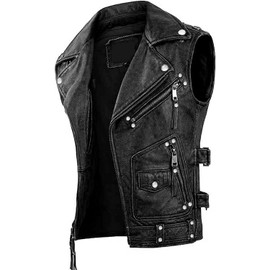 Cheemaz Men’s Vintage Negan Cowhide Brown Biker Riding sleeveless Motorcycle Leather Vest (as1, alpha, 3x_l, regular, regular, Black)