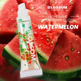 Blossom Lip Gloss Tubes, Watermelon Scented Thick Clear High Shine Moisturizing Flower Lip Gel with Nourishing Jojoba Seed Oil, Infused with Real Flowers, 0.3oz, Watermelon