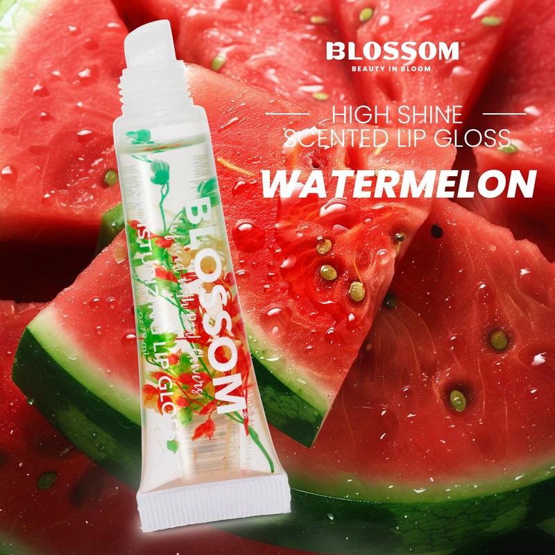 Blossom Lip Gloss Tubes, Watermelon Scented Thick Clear High Shine