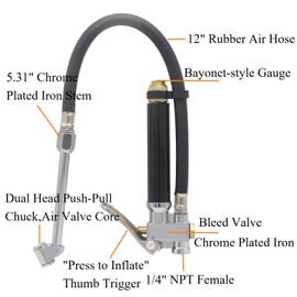 YSIL - Inflador de neumáticos con manómetro de presión de 120 PSI, resistente de doble cabeza, accesorios de compresor de aire de 1/4 pulgadas NPT de 12 pulgadas con bloqueo de manguera para coche, camión, motocicleta, bicicleta