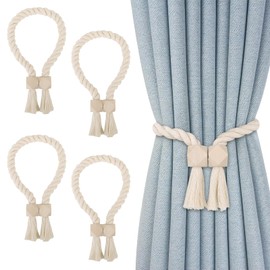 Pack of 4 Adjustable Curtain Tiebacks, Curtain Holder with Magnets, Easy to Use, Magnetic Curtain Tensioner, Natural Cotton, Curtain Clips for Home and Office, Beige