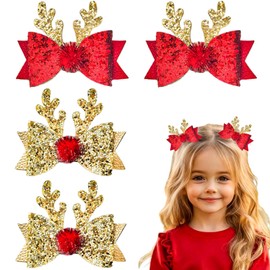 4 Pcs Christmas Hair Clips Xmas Bow Hair Accessories Cute Reindeer Antlers Glitter Sequins Holiday Headdress Hairpin Barrettes for Girls Women Kids Party Cosplay Gifts