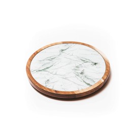 Lazy Susan Turntable - 2in1 Acacia Wood and Removable Glass Plate with White & Gray Marble Texture 12 inch