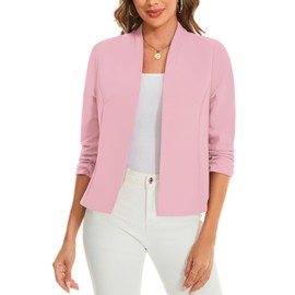 LADI TREND Women's Breathable 3/4 Ruched Sleeve Summer Blazers Lightweight Front Lined Open Front Cardigan Casual Business Suits Jackets Cocktail Parties (Pink L)