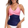 RELLECIGA Women's Light Pink+Navy Blue V Neckline Ruched Tankini Top