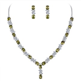 Clearine Women's Wedding Bridal Cubic Zirconia Infinity Y-Shape Necklace Dangle Earrings Set Olivine Color Silver-Tone