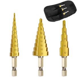 Step Drill, Set of 3, 0.16 - 0.8 inches (4 - 20 mm), 0.1 - 0.5 inches (4 - 12 mm), Titanium Coated Spiral, HSS Steel 4241 Hex Titanium Cone Drill Bit Hole Cutter for Sheet Metal