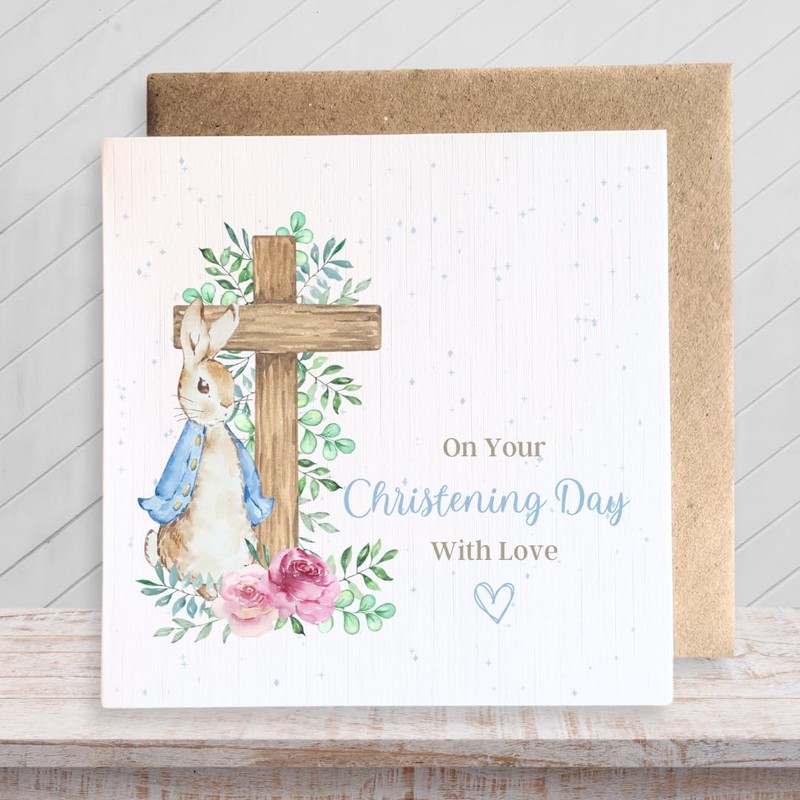 Second Ave Cute Blue Bunny Rabbit Christening Day Square Card