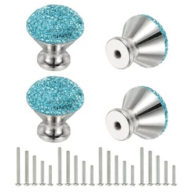 uxcell Drawer Knobs,4Pcs 1.1 Inch(28mm) Diameter Bling Diamond Decoration Cabinet Knob, Round Rhinestones Pull Handle with Screws for Home, Office, Kitchen (White Base + Lake Blue Diamond)